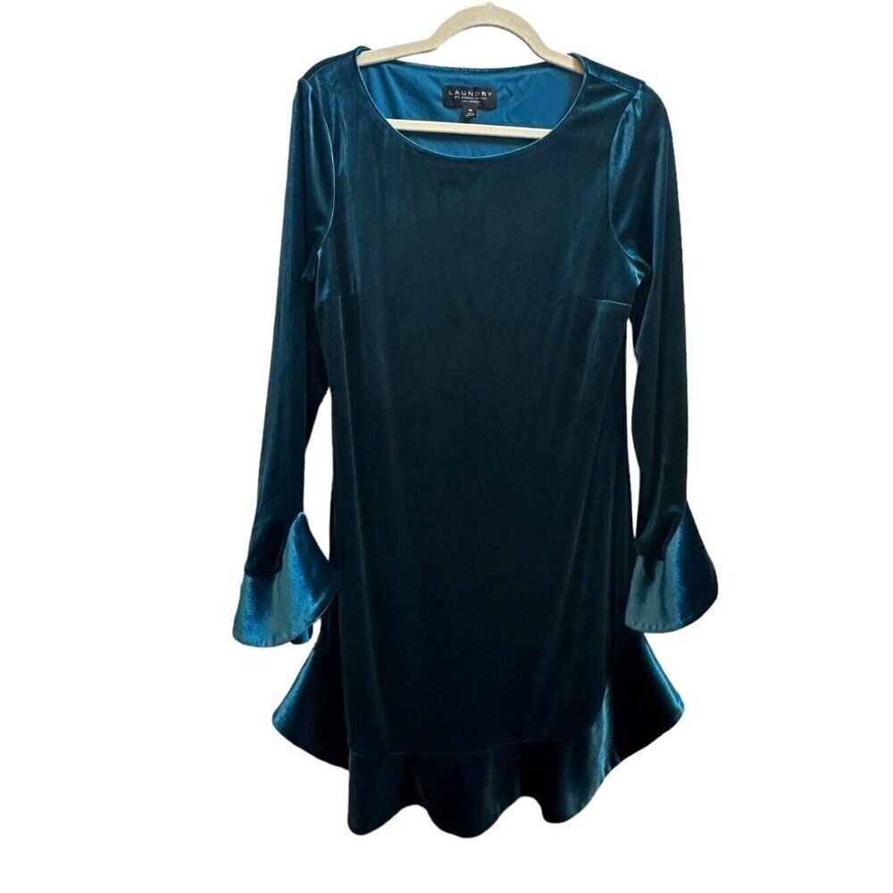 Laundry Shelli Segal Velvet Dress Teal Blue Tulip Sleeve Shift Mini Dress Sz 10 - Picture 1 of 6